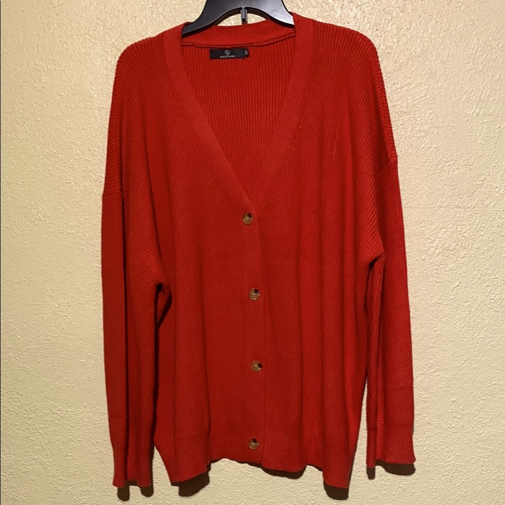 Lillusory Sweater Open Cardigan XL Red Stretchy Buttons Viscose Polyamide Blend